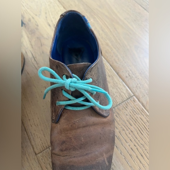 John Fluevog CBC Radio Derby Oxford Shoes Brown Leather Turquoise Women 8.5 - Picture 13 of 15